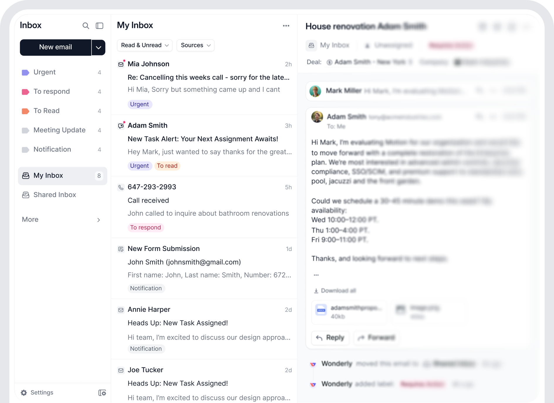 Illustration of a unified inbox within Wonderly showing messages from various email addresses, phone calls, text messages, and more