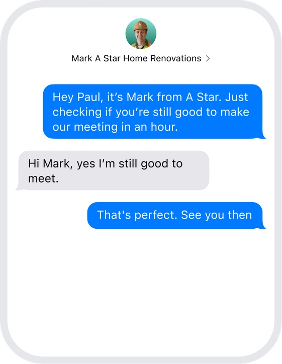 Illustration of an SMS reminder from a home renovation company to a customer about their upcoming appointment by Wonderly AI's receptionist