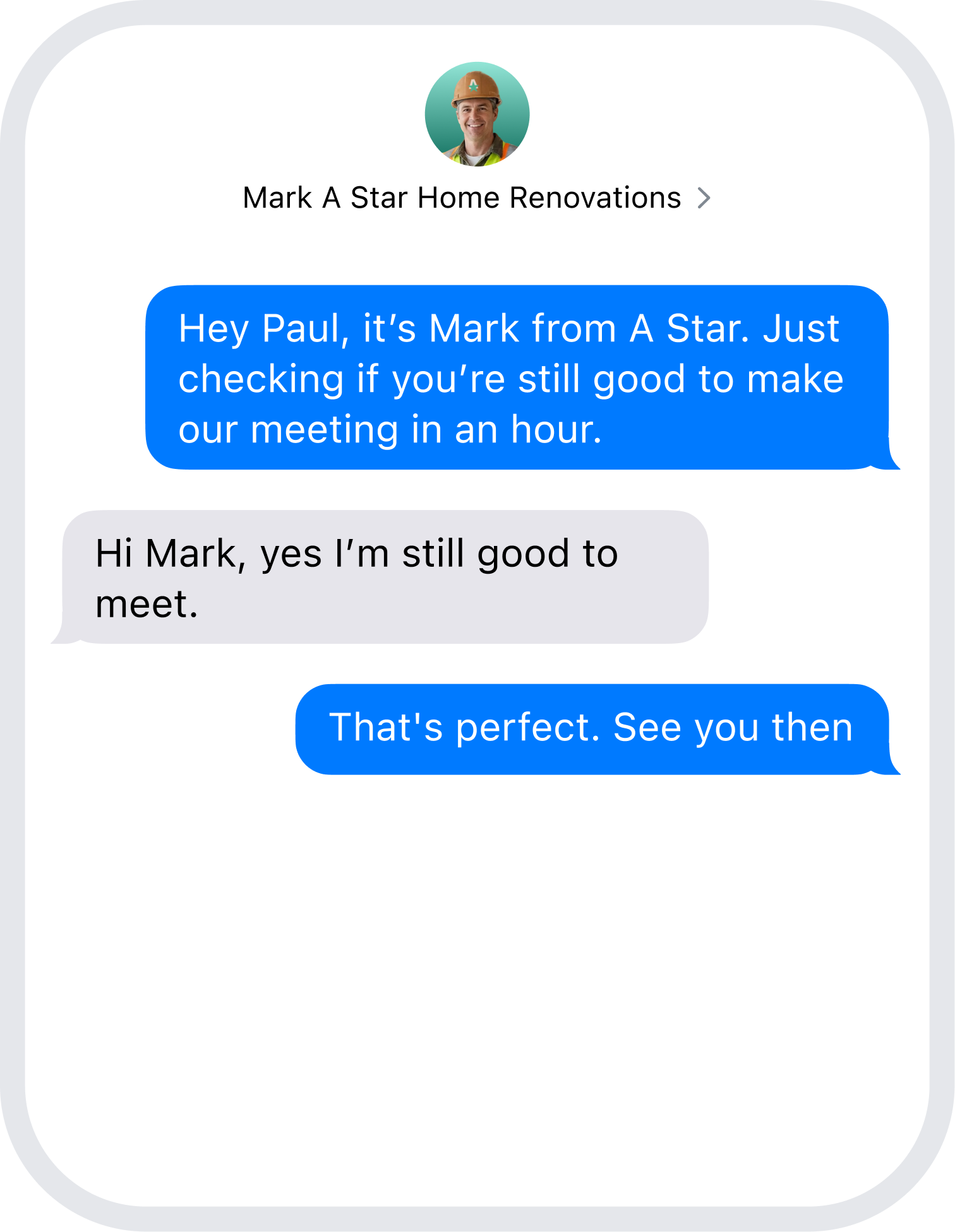 Illustration of an SMS reminder from a home renovation company to a customer about their upcoming appointment by Wonderly AI's receptionist