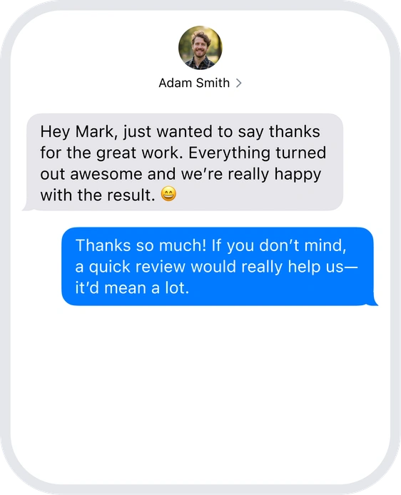 Illustration of an incoming SMS from a customer thanking for good work and being asked for a review