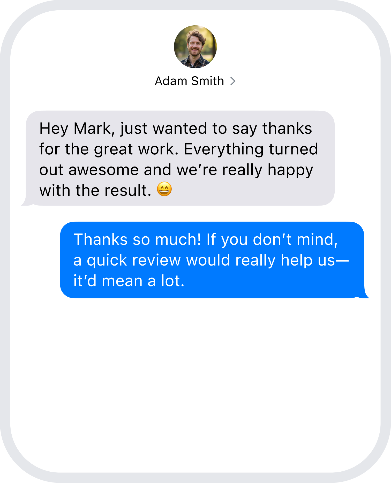 Illustration of an incoming SMS from a customer thanking for good work and being asked for a review