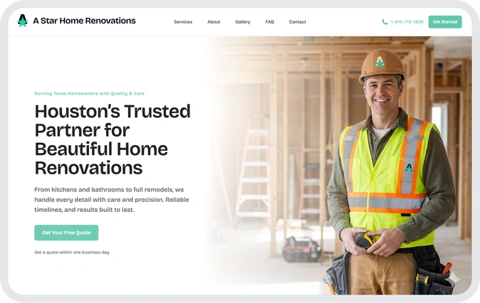 Screenshot of a conversion-optimized website generated by Wonderly AI depicting a website for a home renovation company
