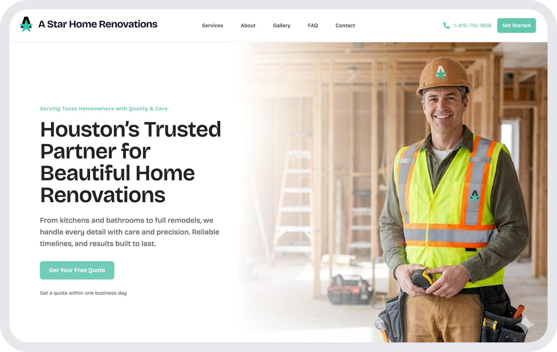 Screenshot of a conversion-optimized website generated by Wonderly AI depicting a website for a home renovation company