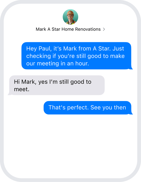 Illustration of an SMS reminder from a home renovation company to a customer about their upcoming appointment by Wonderly AI's receptionist