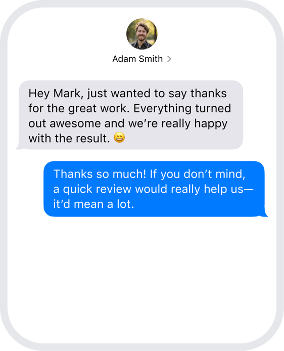 Illustration of an incoming SMS from a customer thanking for good work and being asked for a review
