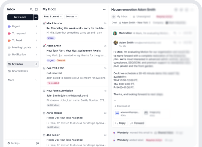 Illustration of a unified inbox within Wonderly showing messages from various email addresses, phone calls, text messages, and more